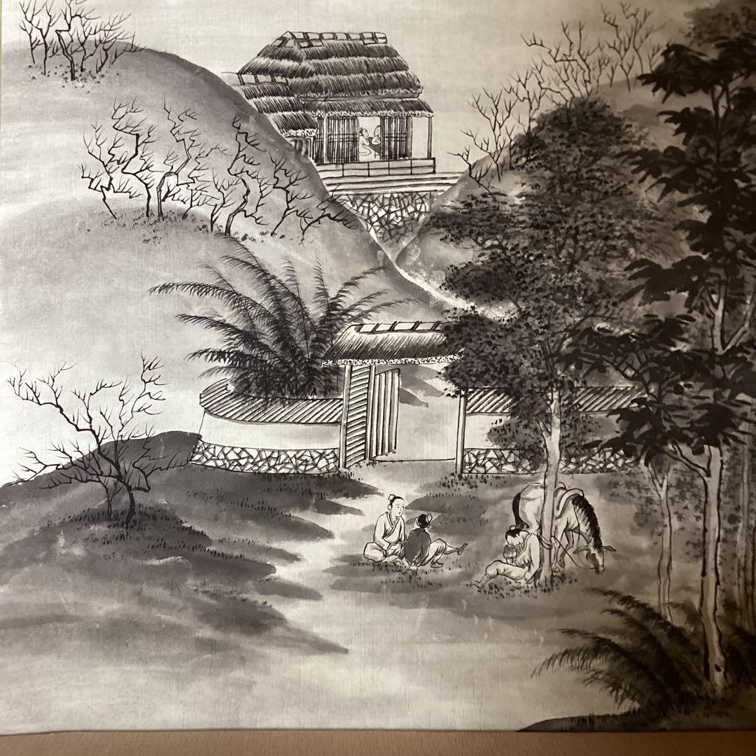 橋本雅邦　紙本水墨画《風景人物画》肉筆　落款印譜あり　双幅捲り　模写　NO107
