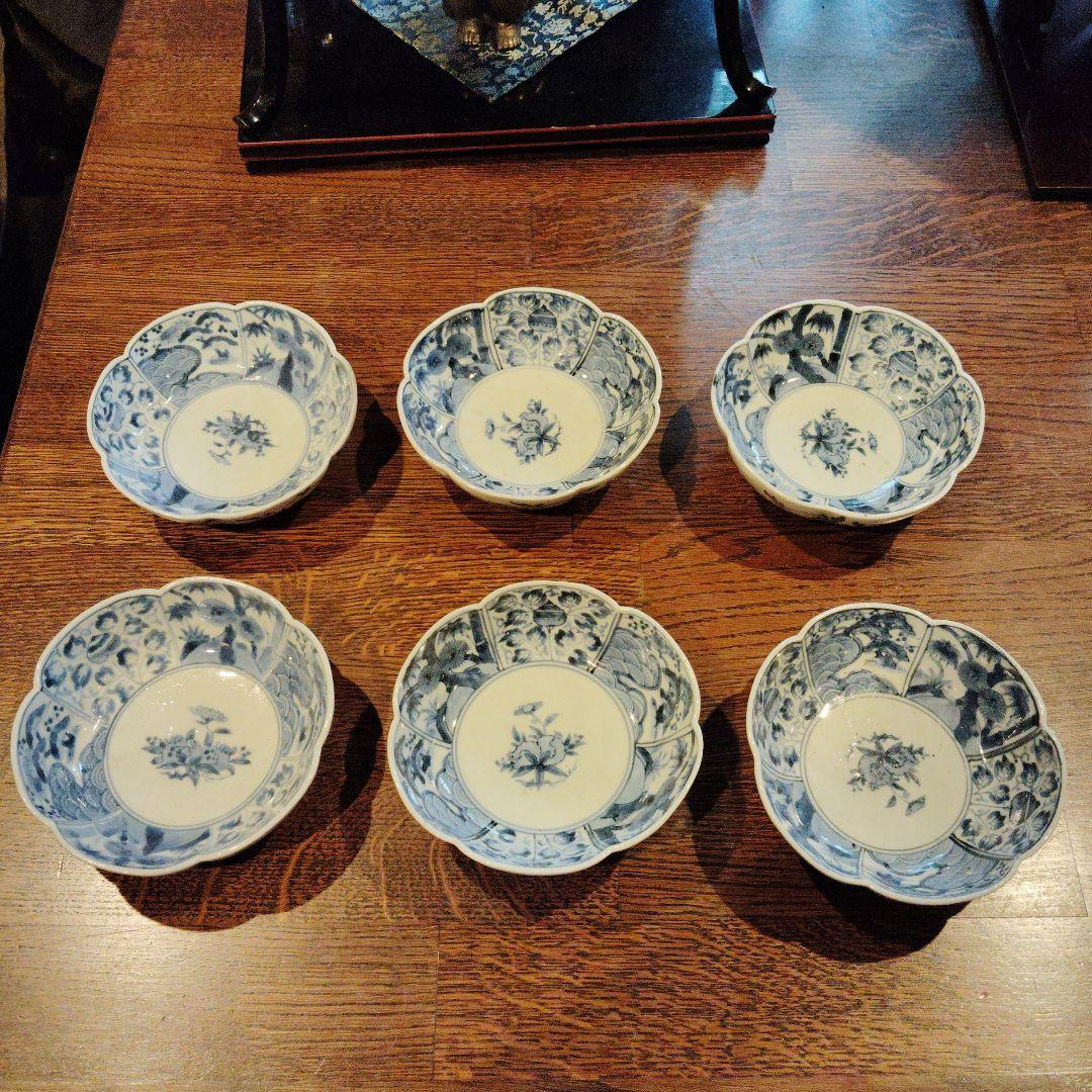 古伊万里なます皿、渦福柿右衛門手。青白磁 花柄 6客