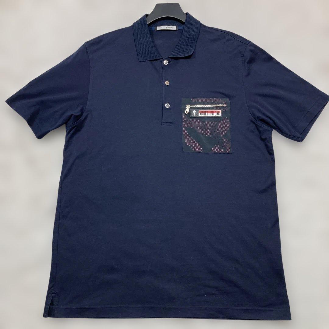未使用級 マークアンドロナ ゴルフウェア ポロシャツ ドクロ Lサイズ相当 紺色