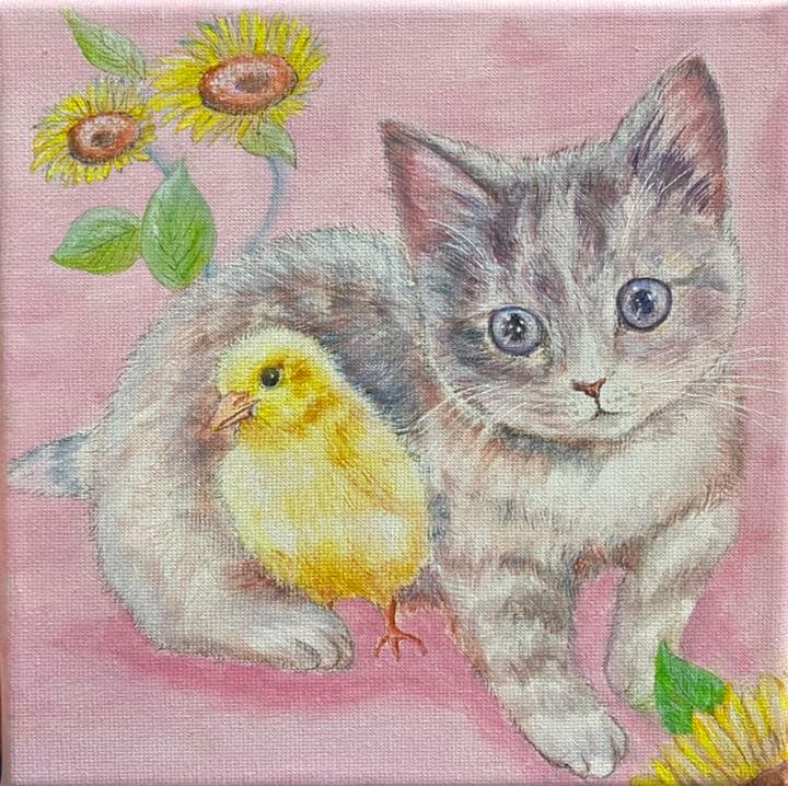 ひよこと猫ちゃん　アクリル画直筆