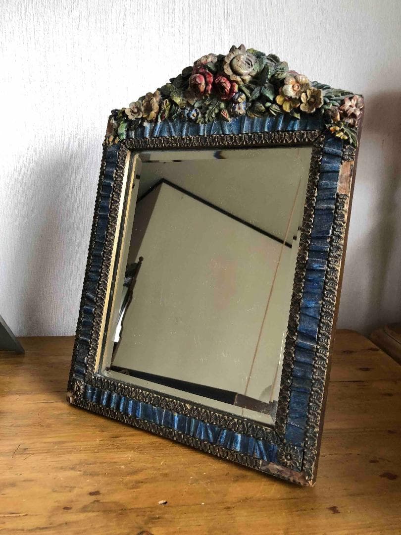 英国アンティークバーボラミラー/鏡/薔薇/ローズ柄 H33