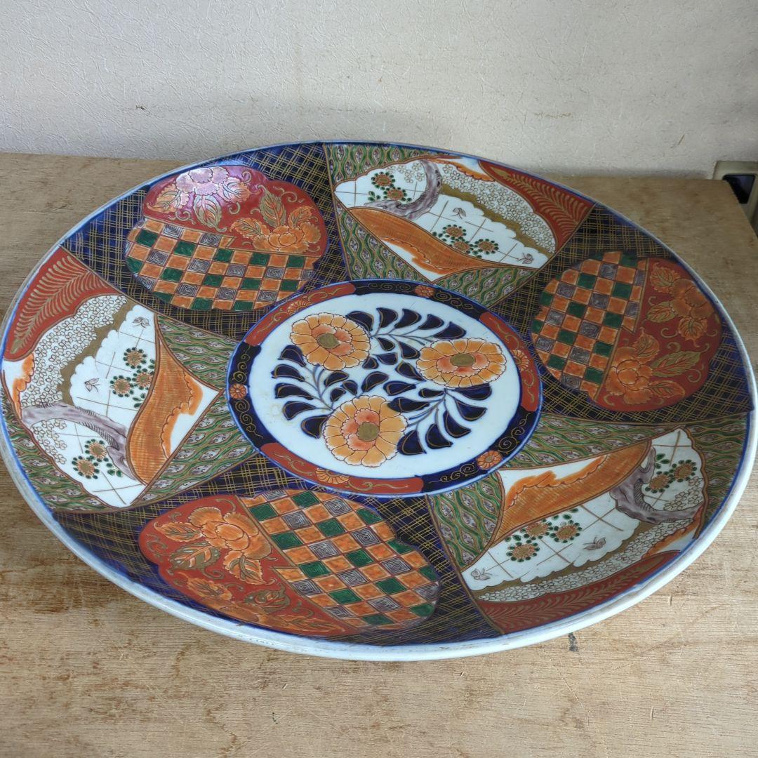 骨董 伊万里 直径45.7cm 大皿 染め錦 飾り皿 盛り皿 明治時代