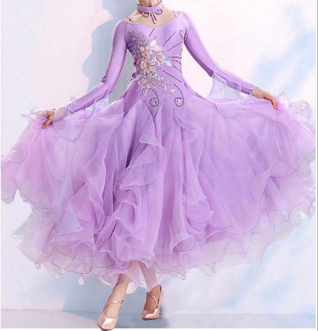 社交ダンス スタンダードドレス パープル チョーカー付き ダンス衣装 Sサイズ