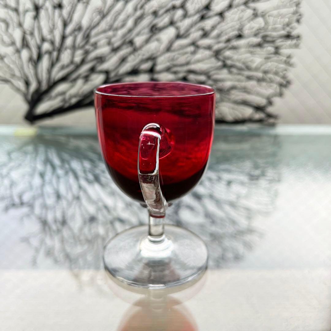 骨董　時代ガラス　希少　金赤ガラス　取手付き　アイスクリームコップ　ウラン