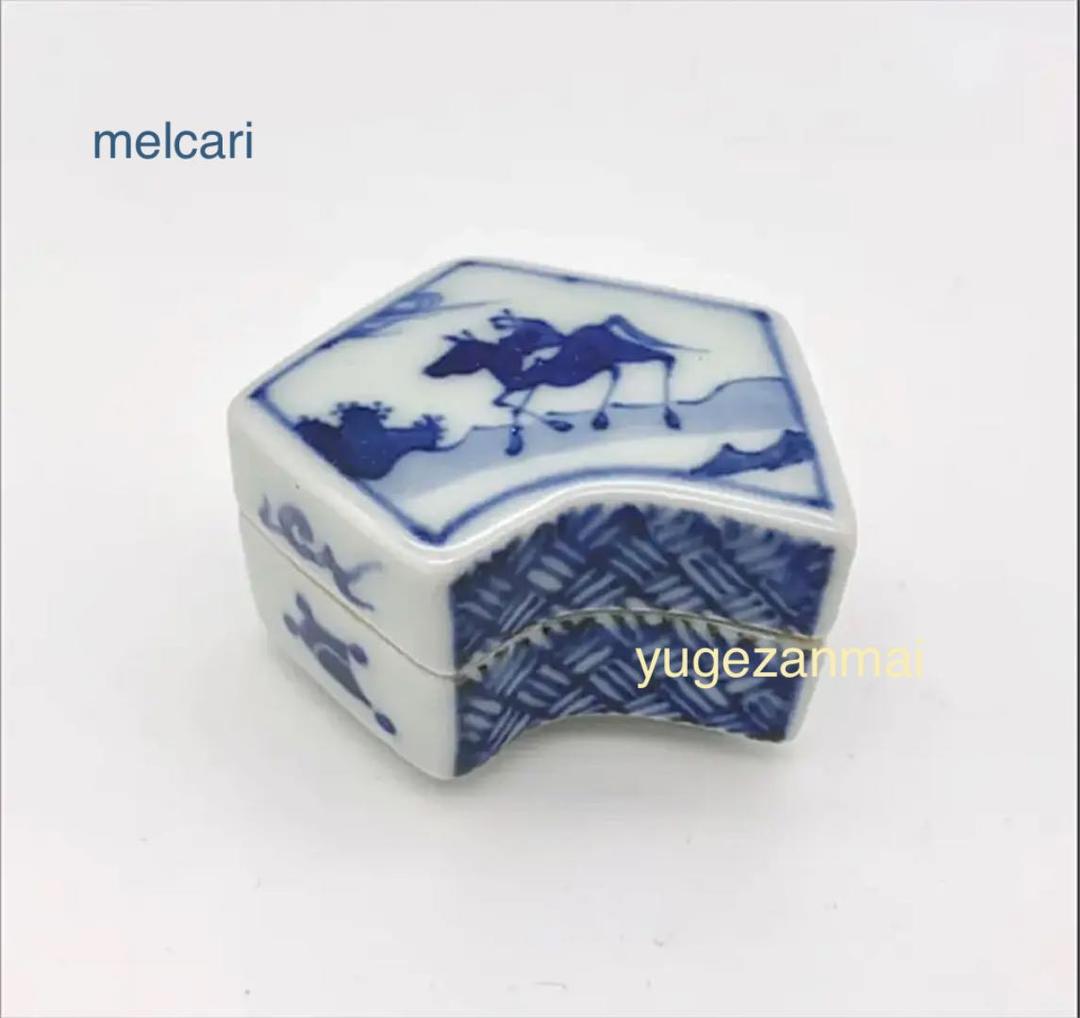 竹泉(造)  三浦竹泉　青華一騎　香合　共箱　染付