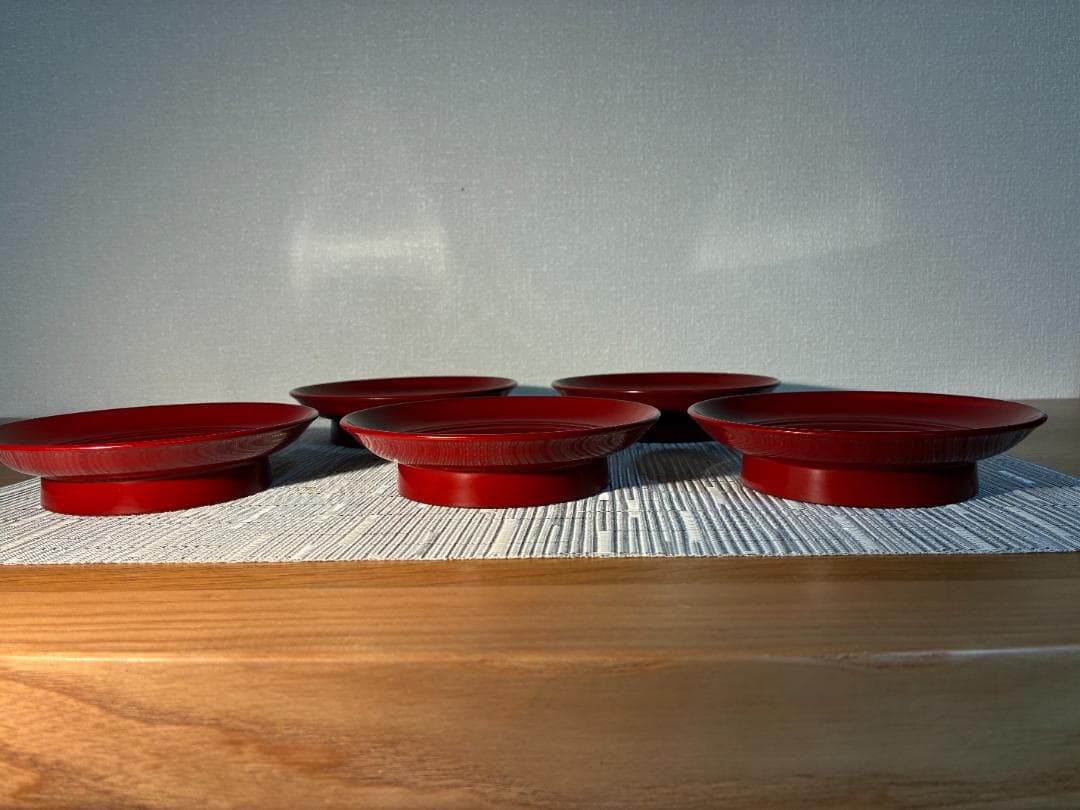 084越前塗 光琳堂 椿皿 ５枚セット 古代朱/高台皿/銘々皿/本漆塗