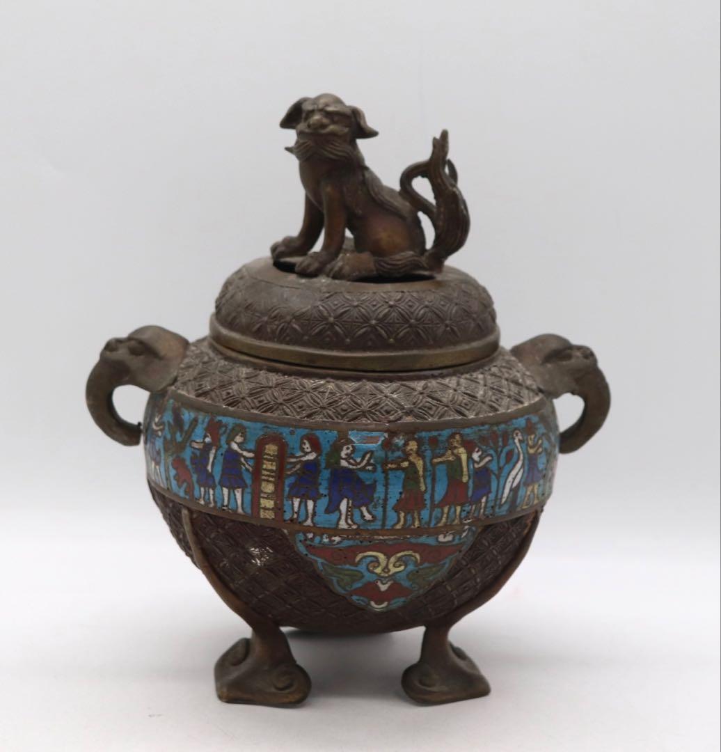 ※中国　七宝焼　獅子摘み　如意足香炉　送料込み251016