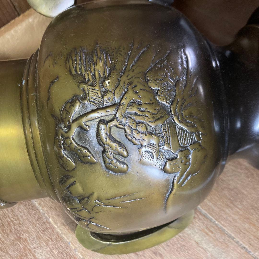 華道具　池坊　薄端　銅製花器　花入　生け花　三足　唐金製　山水　銅器　インテリア