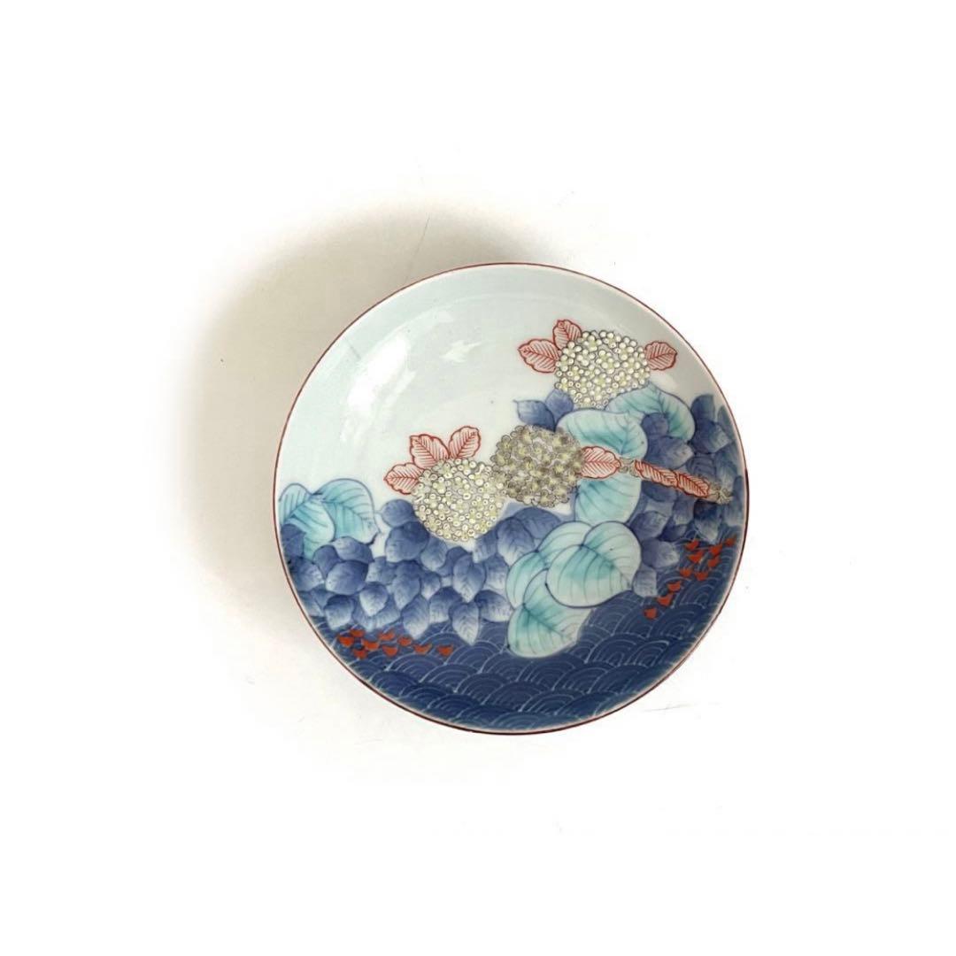 骨董　アンティーク　色絵紫陽花図　五寸皿　色鍋島　平戸　古平戸　ニュウあり