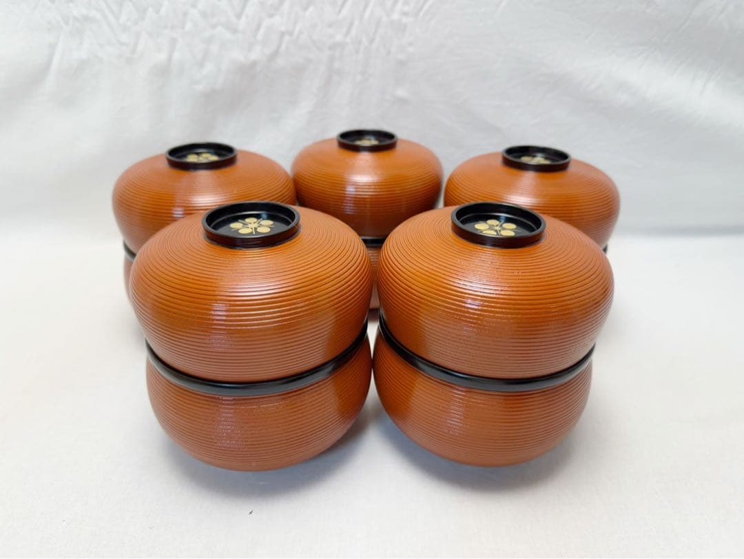 未使用 茶道具 木製 ひさご 弁当 千筋 梅蒔絵 内黒 5客揃え 懐石道具 紙箱
