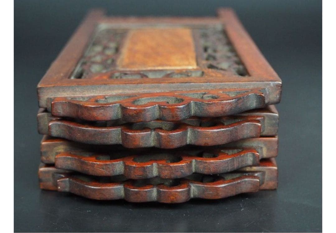 送料無料　時代物　唐木骨彫山水四曲屏風　高22　幅36ｃｍ　中国美術古玩