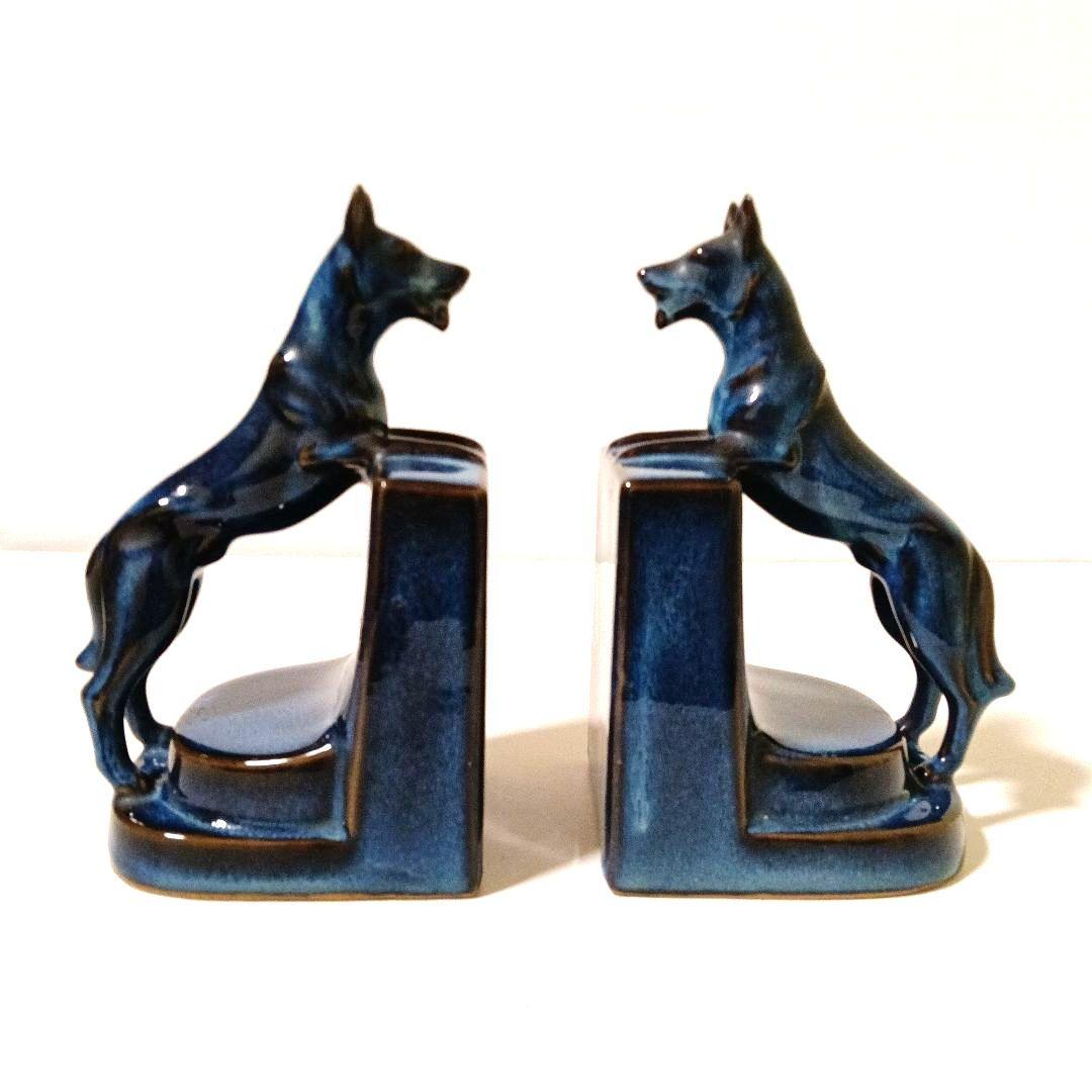 ドッグ ブックエンド オブジェ 陶磁器 青色 藍色 レトロ ヴィンテージ 犬