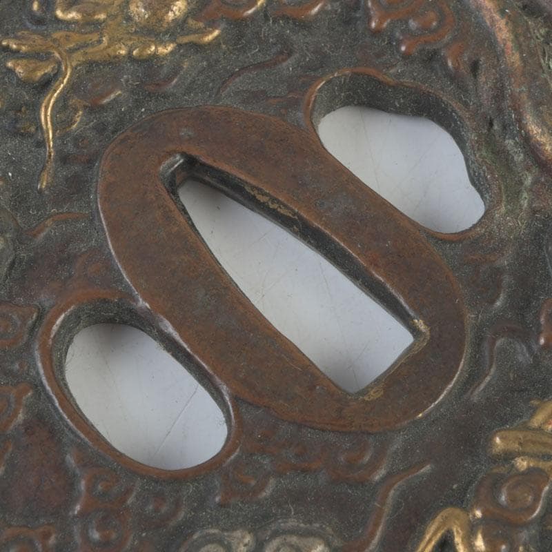 武具　刀装具　古銅　雲龍紋鍔　時代箱　C　9456