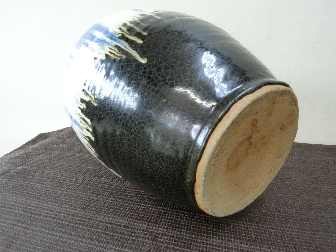 インテリア！ 【壺　流れ釉見事 　会津本郷　緑青白景色　骨董・K17】★見栄え