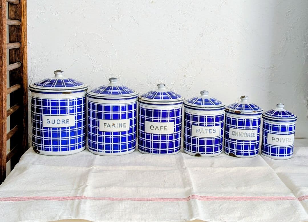 フランス BB社 ホーロー キャニスター フルセット青と白のチェック柄