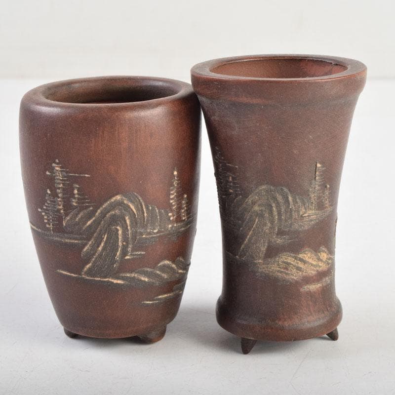 中国　鎧画軒　朱泥　漢詩山水文　鉢　4点まとめて　V　8948