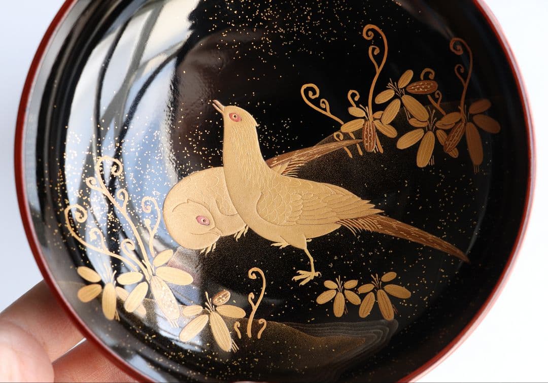 専用10客まとめ CM5 時代 加賀蒔絵 鳥図 溜塗内黒 椀 三客 木製 雉春草