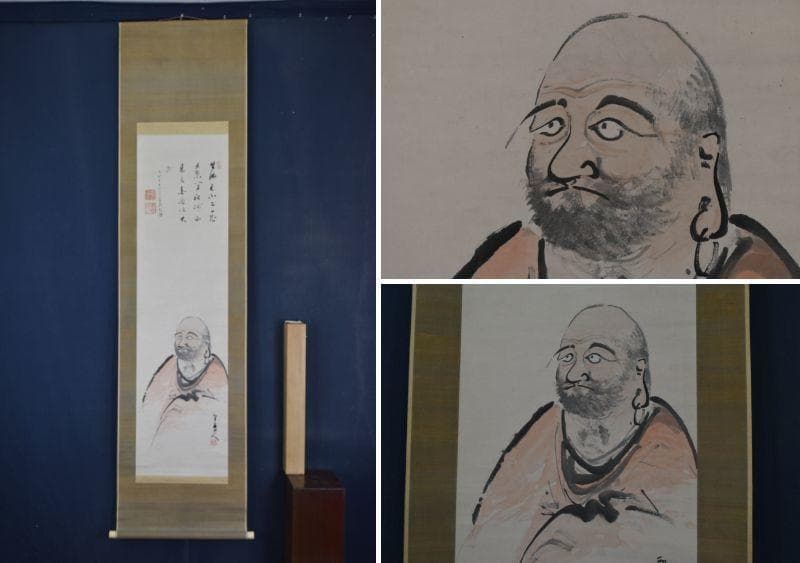 【真作】泰金石/達磨画賛/ダルマ画賛/掛軸☆宝船☆AA-946