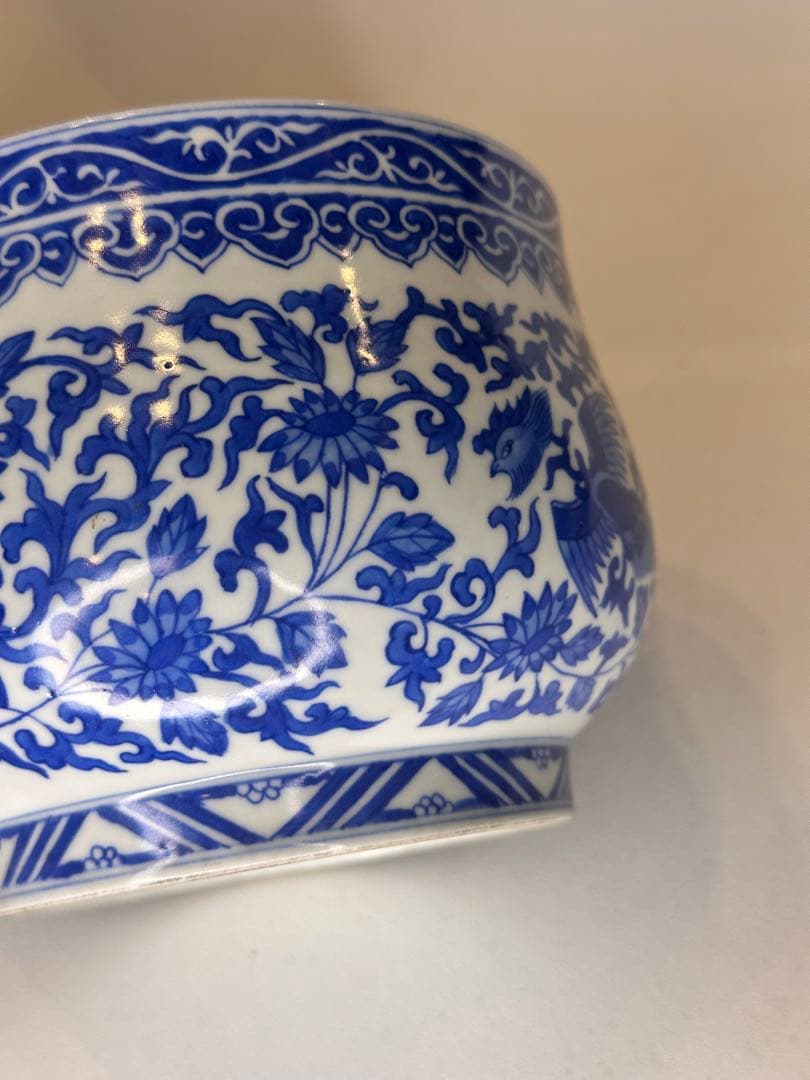 大清道光年製 底款　青花染付　鳳凰文　小缸　中国古美術