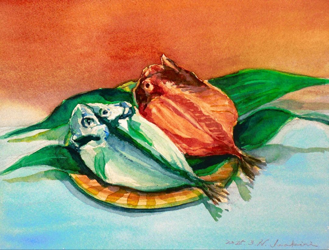 魚の水彩画額縁付き