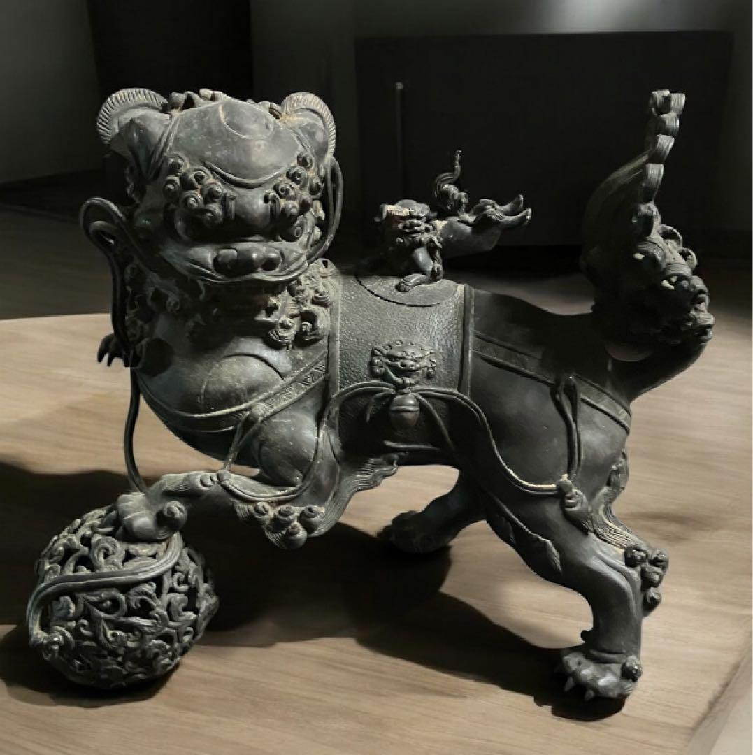 旧家　古い銅製　高炉　獅子　古銅宣徳銅　神獣　魔除　縁起物　彫金　玉獅子