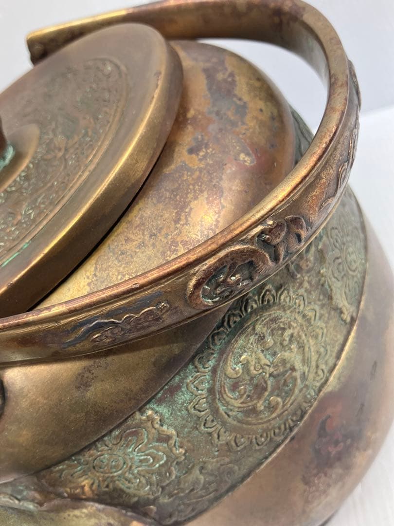 【時代物】銅製 薬缶 水注 湯沸 煎茶道具 毛彫 花文 唐草 骨董品