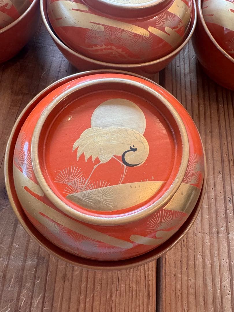 「明治〜大正 骨董 漆器 吸物椀 20客 ■華やか鶴蒔絵 ■箱付き ■送料込み」