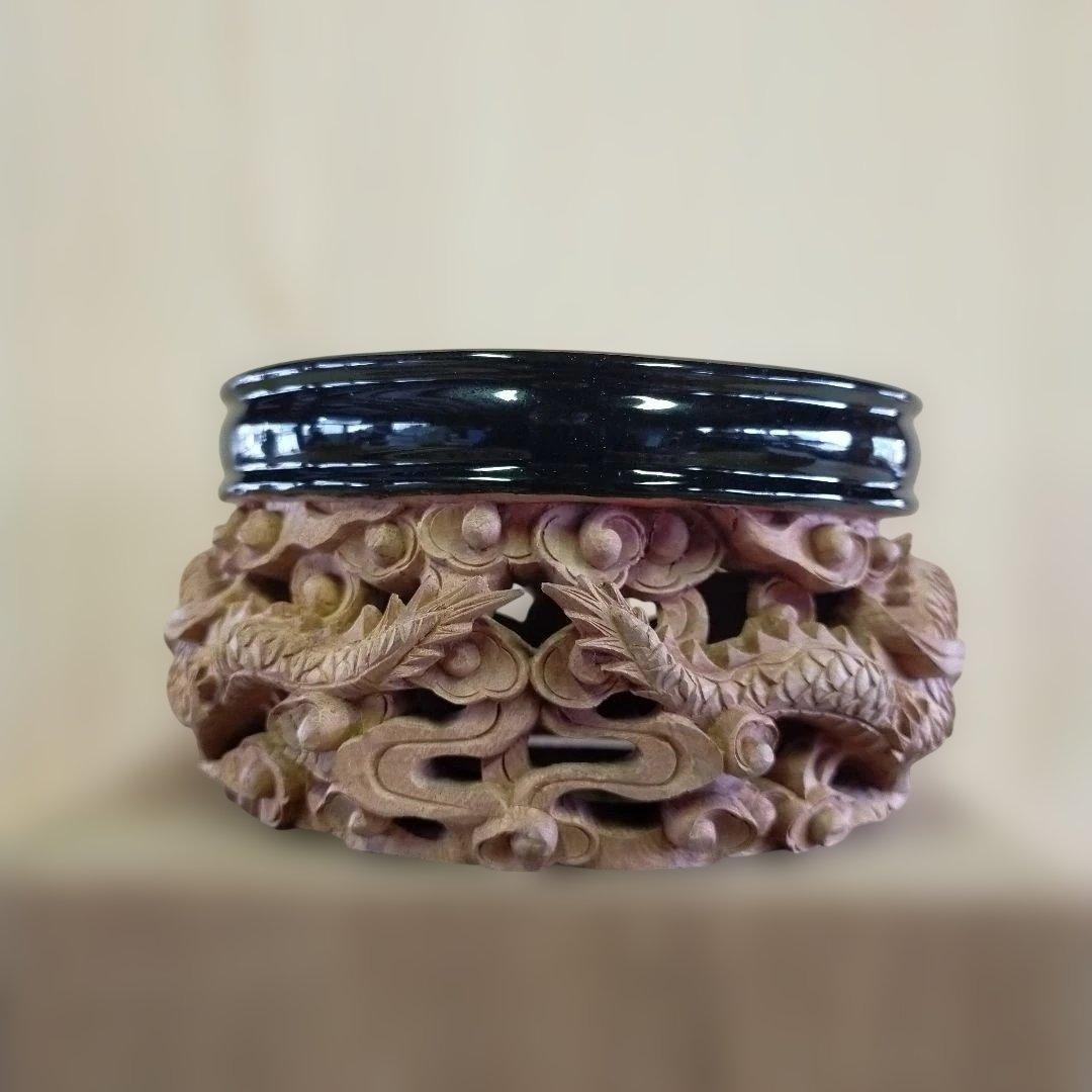 欅彫り香炉台４、５寸龍彫り