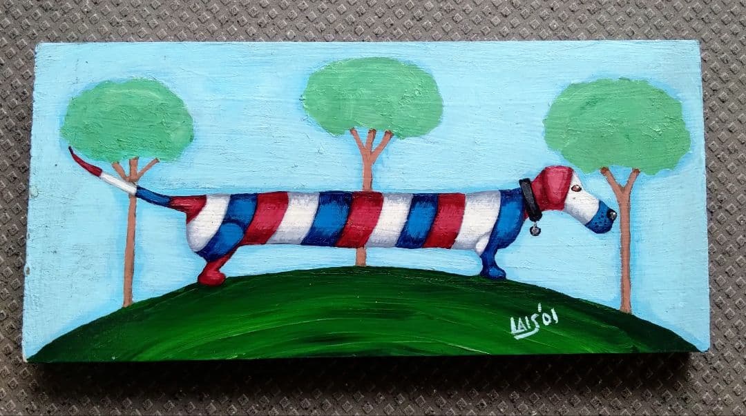 アメリカンヴィンテージ　Ruth Lais 3色柄　ダックスフンド　アクリル絵画